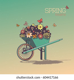 Wheelbarrow With Flowers in Retro Style. Spring Breathe Vector Illustration