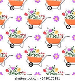 Wheelbarrow with flowers seamless pattern. Spring gardening and farming works. Hand drawn. Background, backdrop, wrapping paper, digital paper.