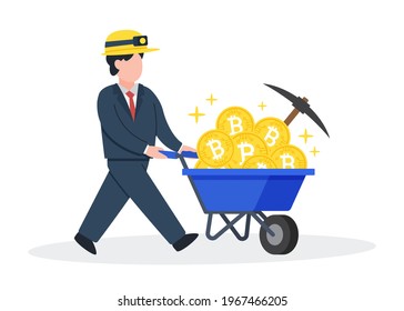 ฺBusinessman with the wheelbarrow full of bitcoins. Creative financial concept of crypto mining or cryptocurrency investment. Virtual digital coin. Trendy cute cartoon vector flat style illustration.