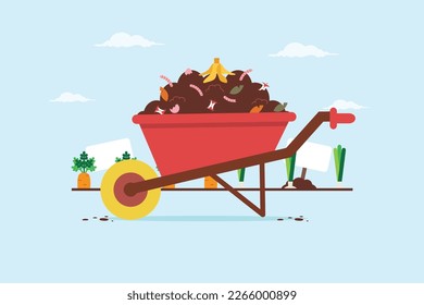 Wheelbarrow full of compost with worms and vegetable garden in the background. Recycling concept. Vector illustration flat design style. 