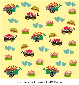 Wheelbarrow full of flowers seamless pattern