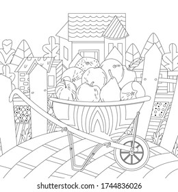 wheelbarrow full of fruits against the cute farm with the rustic fence. village landscape for your coloring book