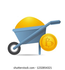 Wheelbarrow full of gold, near the cryptocurrency large round coin golden Bitcoin. Vector image on white background.