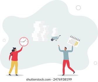 wheelbarrow full of paper documents, sorting unorganized stacks and heap.business and time management concept.flat vector illustration