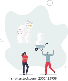 wheelbarrow full of paper documents, sorting unorganized stacks and heap.business and time management concept.flat design with people.