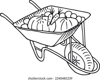 Wheelbarrow full of pumpkins. Hand drawn harvest icon
