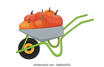 Flecha de ruedas llena de calabazas. Ilustración vectorial de material.