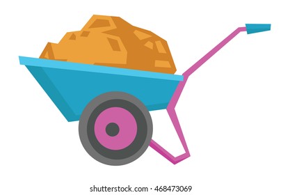 Wheelbarrow full of sand vector flat design illustration isolated on white background.