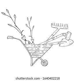 Wheelbarrow for the garden icon. Vector illustration of a garden wheelbarrow for plants. Hand drawn wheelbarrow for the garden.