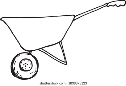 Wheelbarrow for a garden icon. Vector illustration of a black line Doodle garden wheelbarrow for plants. Hand wheelbarrow for garden and construction tool isolated on white background.