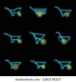 Wheelbarrow garden plant yard icons set. Outline illustration of 9 wheelbarrow garden plant yard vector icons neon color on black