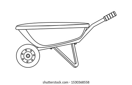 Wheelbarrow garden tool equipment side view drawn in linear style. Agriculture, gardening, truck farming. Vector image isolated on a white background.