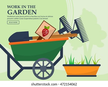 Wheelbarrow with garden tools and a long pot plants on a light background with a place for your advertising. Vector illustration