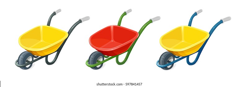 Wheelbarrow. Gardening tools. Barrow with one wheel for transportation cargo. Agriculture and building work inventories. Isolated white background. Eps10 vector illustration