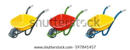 Wheelbarrow. Gardening tools. Barrow with one wheel for transportation cargo. Agriculture and building work inventories. Isolated white background. Eps10 vector illustration