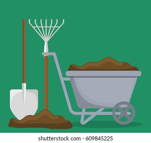 wheelbarrow and gardening tools over green background. colorful design. vector illustration