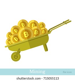 Wheelbarrow with golden bit coins flat business illustration