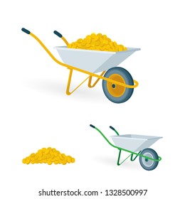 Wheelbarrow with golden coins.  Wheelbarrows vector illustrations set.
Pushcart with treasure. Wheelbarrow full of money.