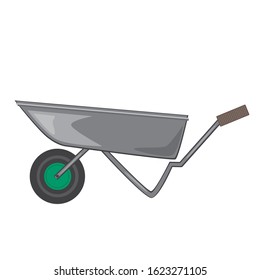 A wheelbarrow with a green wheel and a metal casing isolated on a white background for design. A flat vector stock illustration with eco tools for the garden.
