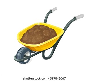 Wheelbarrow with ground. Gardening tools. Barrow with one wheel for transportation cargo. Agriculture and building work inventories. Isolated white background. Eps10 vector illustration.