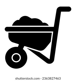 Wheelbarrow with ground solid icon, farm garden concept, Wheelbarrow cart sign on white background, trolley with ground icon in glyph style for mobile and web design. Vector graphics