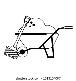 wheelbarrow with ground and wake tool black and white