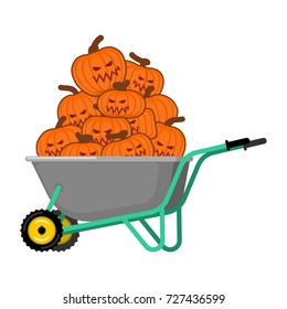 wheelbarrow Halloween. bunch of terrible pumpkins. Vintage pumpkin. Vector illustration
