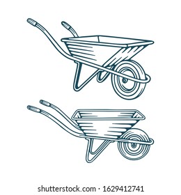 Wheelbarrow.  Wheelbarrow hand drawn vector illustrations set. Trolley sketch drawing graphic. 