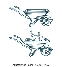Wheelbarrow.  Wheelbarrow hand drawn vector illustrations set. Trolley sketch drawing graphic. 