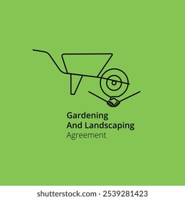 Wheelbarrow with hand shake line art logo Gardening contract, landscaping agreement, people, partnership icon