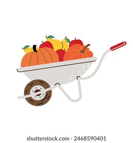 Wheelbarrow with the harvest. Gathering the harvest. Pumpkin, apple, pear. Vector illustration in flat style. White isolated background.