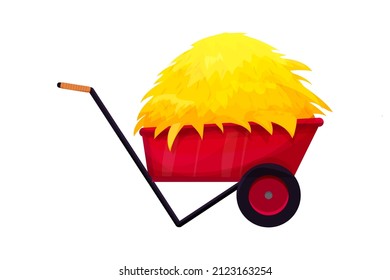 Wheelbarrow with hay pile, straw, dry grass in cartoon style isolated on white background. Rural farming equipment. 