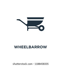 Wheelbarrow icon. Black filled vector illustration. Wheelbarrow symbol on white background. Can be used in web and mobile.