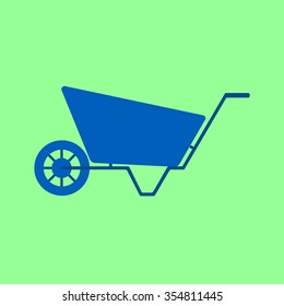 Wheelbarrow icon. Flat vector illustration. blue barrow on green background 