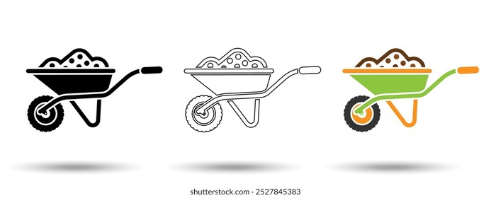 Wheelbarrow icon. Wheelbarrow icon on a white background, isolated. The icon has three uses in applications and websites. Vector illustration. Wheelbarrow icon on a white background.