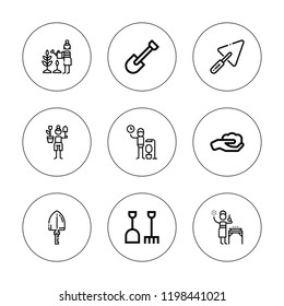 Wheelbarrow icon set. collection of 9 outline wheelbarrow icons with construction, gardener, gardening icons. editable icons.