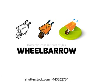 Wheelbarrow icon, vector symbol in flat, outline and isometric style
