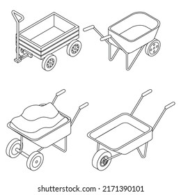 Wheelbarrow icons set. Isometric set of wheelbarrow vector icons outline isolated on white background