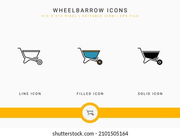 Wheelbarrow icons set vector illustration with solid icon line style. Plant gardening agriculture concept. Editable stroke icon on isolated background for web design, user interface, and mobile app