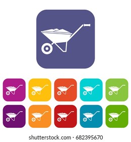 Wheelbarrow icons set vector illustration in flat style in colors red, blue, green, and other