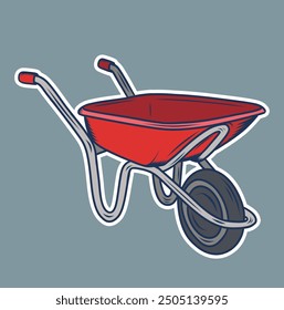 Wheelbarrow isolated on white background. Garden wheelbarrow. Cartoon red barrow side view. Handcart with wheel. Empty wheelbarrow with handles. Farm gardening tool for carriage of cargoes.Vector