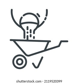 Wheelbarrow line icon side view isolated on white transparent background. Symbol of construction industry.