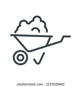 Wheelbarrow line icon side view isolated on white transparent background. Symbol of construction industry.