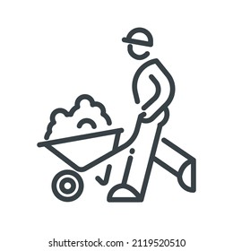 Wheelbarrow Line Icon Side View Isolated On White Transparent Background. Symbol Of Construction Industry.