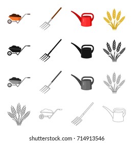 Wheelbarrow with a load, farm forks, plastic watering can, wheat spikes. Farm set collection icons in cartoon black monochrome outline style vector symbol stock illustration web.