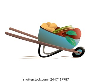 Wheelbarrow loaded with fresh organic vegetable produce. Horticulture and gardening cartoon, barrow or cart with potato and beetroot. Hand drawn vector clipart illustration in watercolor style.