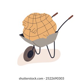 Wheelbarrow loaded with hay pile, straw heap. Single-wheel cart, car, barrow for farm fodder transportation. Forage, feed in trolley, carriage. Flat vector illustration isolated on white background