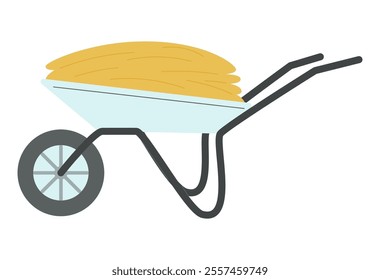 Wheelbarrow loaded with hay pile, straw heap. Single-wheel cart, car, barrow for farm fodder transportation. Forage, feed in trolley, carriage. Flat vector illustration isolated on white background