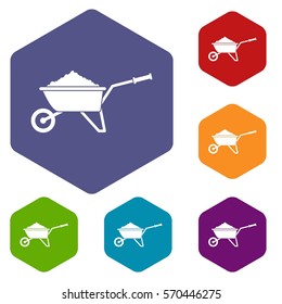 Wheelbarrow loaded with soil icons set rhombus in different colors isolated on white background