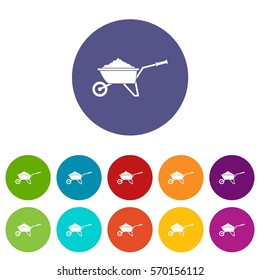 Wheelbarrow loaded with soil set icons in different colors isolated on white background